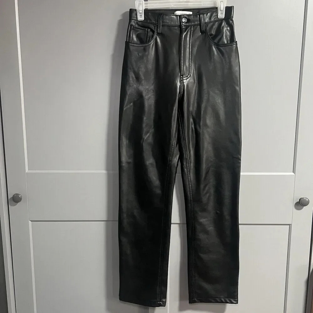 Abercrombie & Fitch The 90’s Straight Ultra Rise Faux Leather Pants Black 27/4